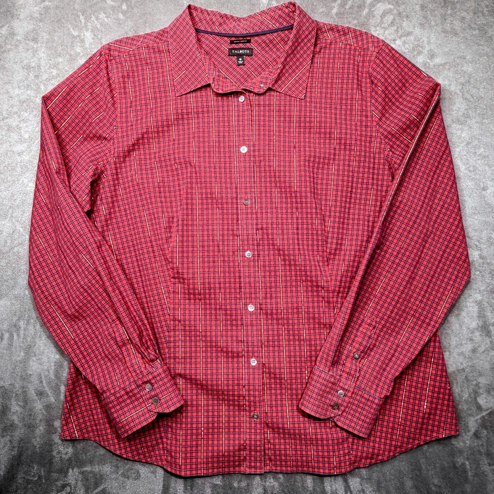 Talbots Shirt Womens Sz 18 Wrinkle Resistant Red Plaid Metallic Button Down